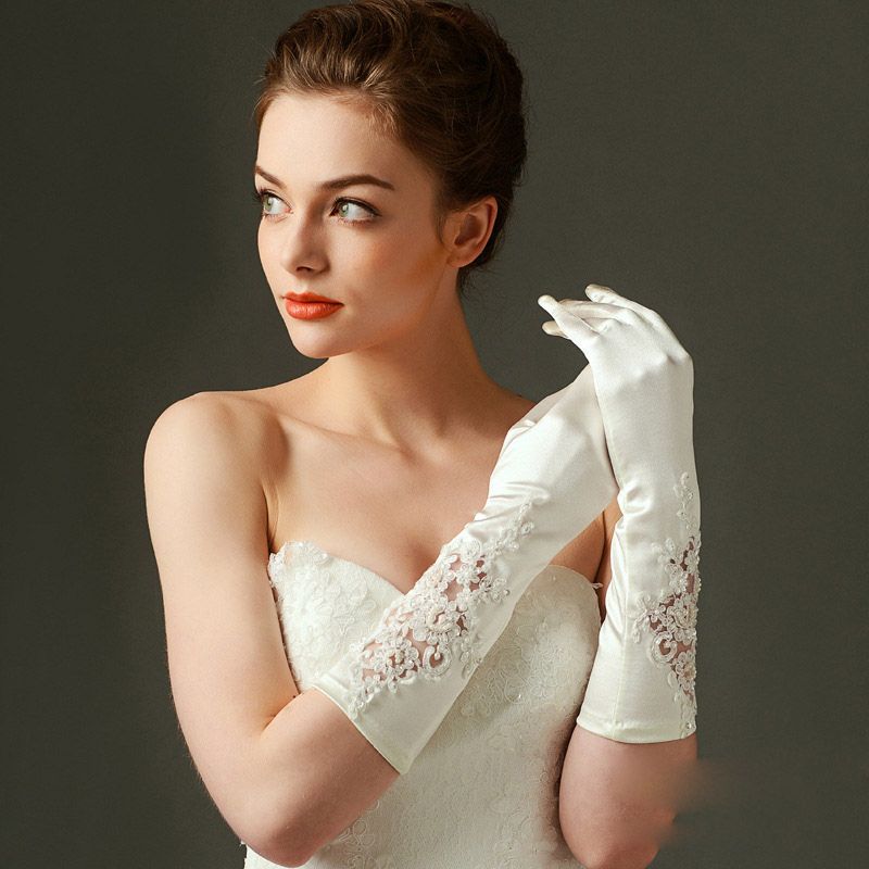 Ivory Satin Bridal Gloves Cheap Lace Full Finger Long Ladies Dress
