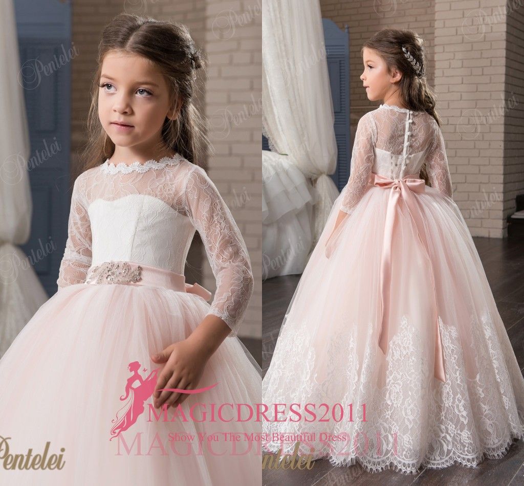 Lovely Lace Long Sleeves Flower Girls Dresses Ball Gown Tutu 2016 Blush
