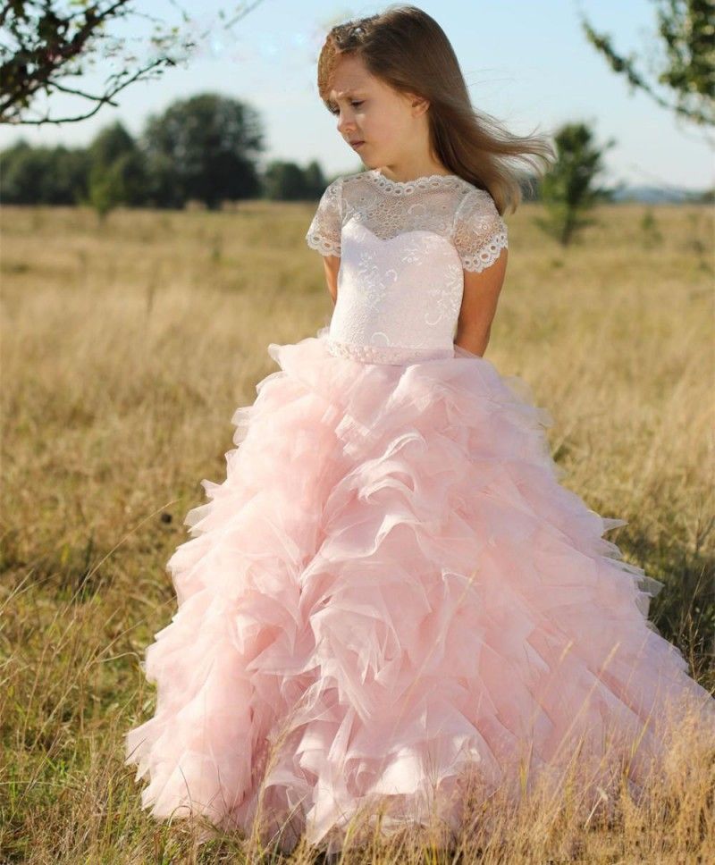Pink Short Sleeves Flower Girls Dresses Children Sheer Neck Tiered Long