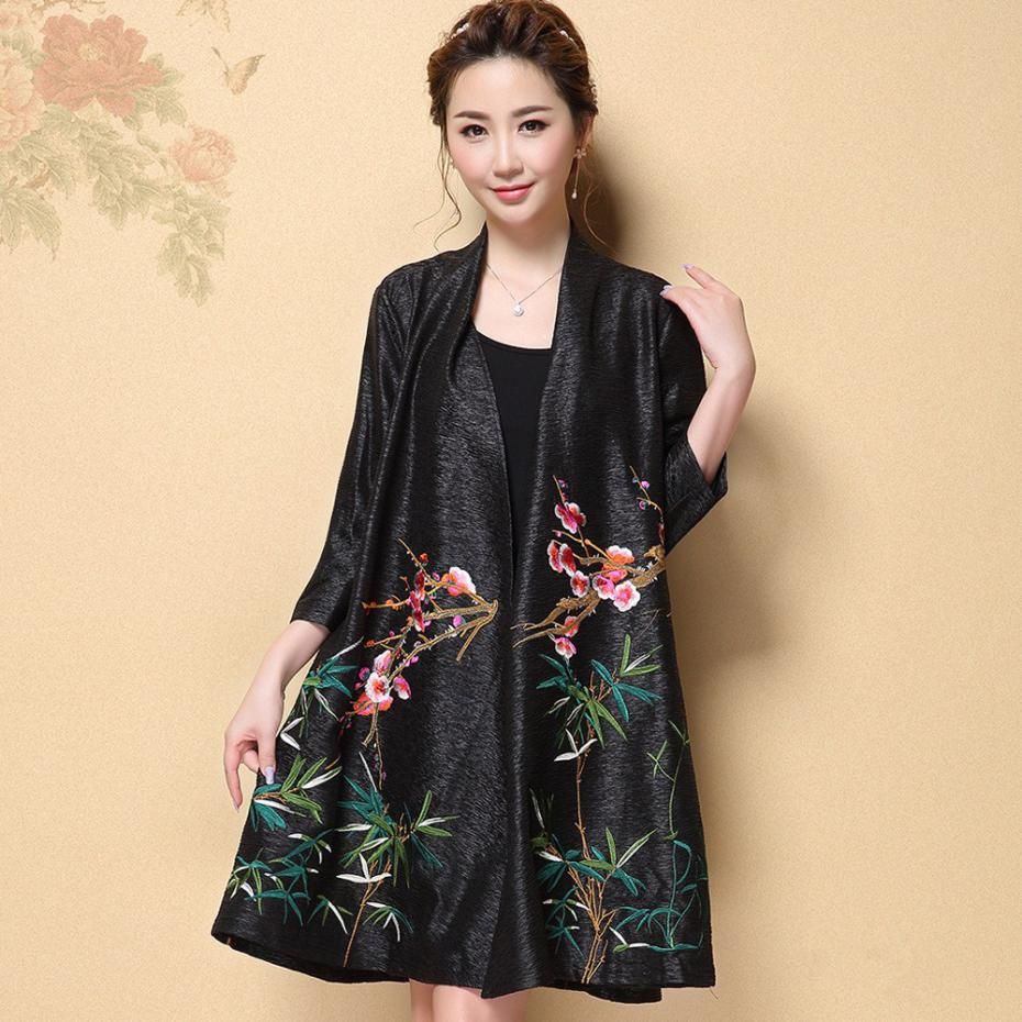 Embroidery Kimono Jackets Women Silk Cardigans Plus Size 4xl Chinese