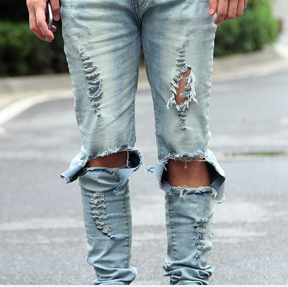 Discount Ripped Side Zipper Jeans For Men Skinny Distressed Slim