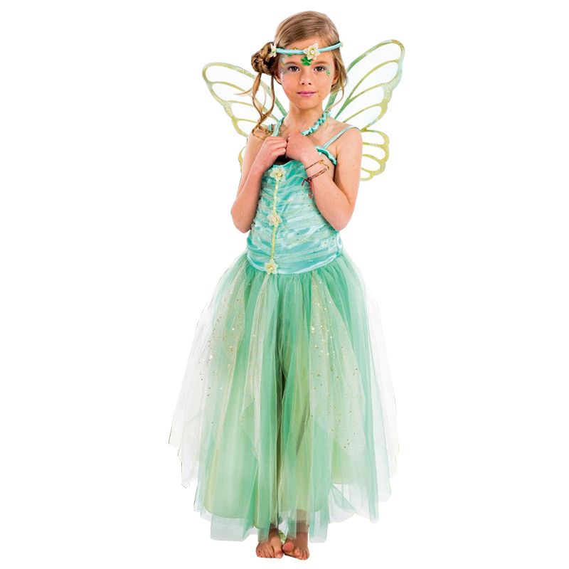 Children Girls Fairy Tale Glitter Green Fairy Costume With Butterfly
