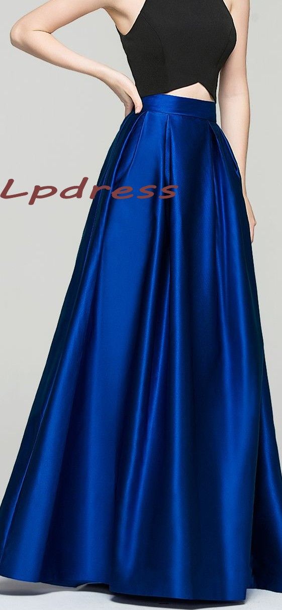 2018 Top Quality Satin Royal Blue Skirts Long With Pockets Skirts High