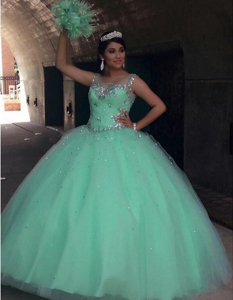 Bling Sequined Sage Green Ball Gown Quinceanera Dresses Sheer Scoop