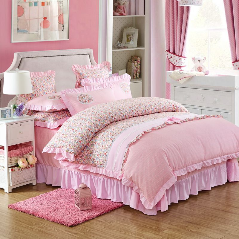 Luxury Pink Lace Bowknot Bedding Set Twin Full Queen King Size Cotton