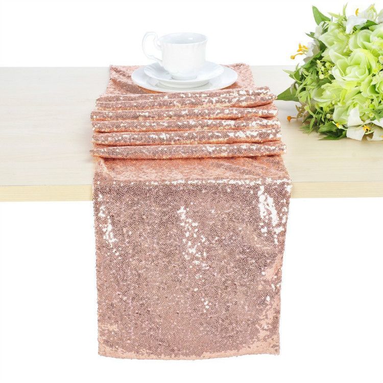 Set Of 5 Rose Gold Sequin Table Runners, Tablecloth, Sequin Linen, Luxe