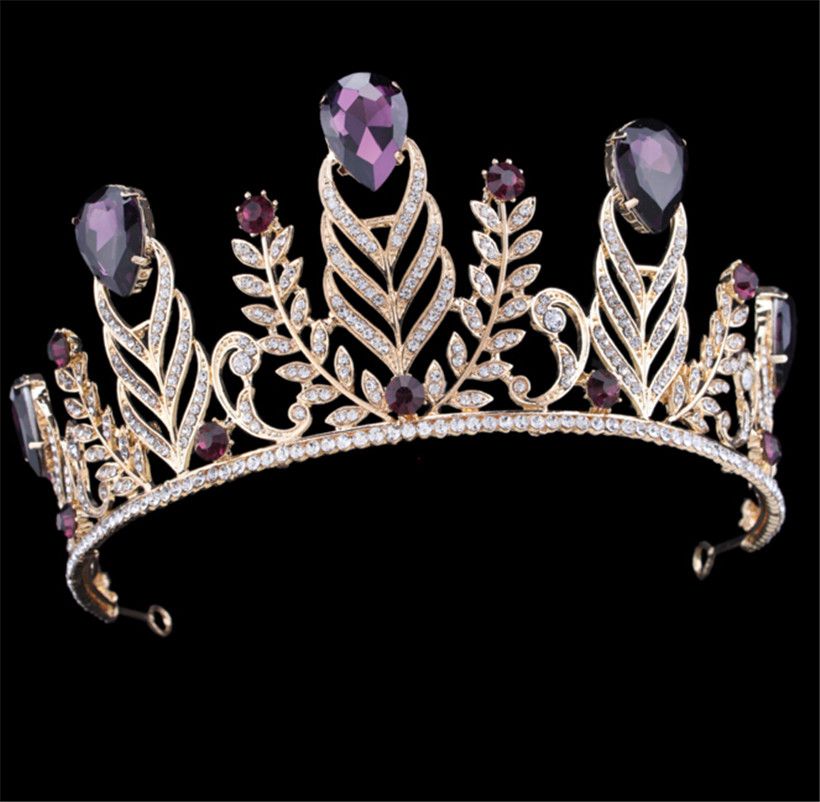 Vintage Wedding Bridal Purple Crown Tiara Princess Hair Accessories Headband Jewelry Gold