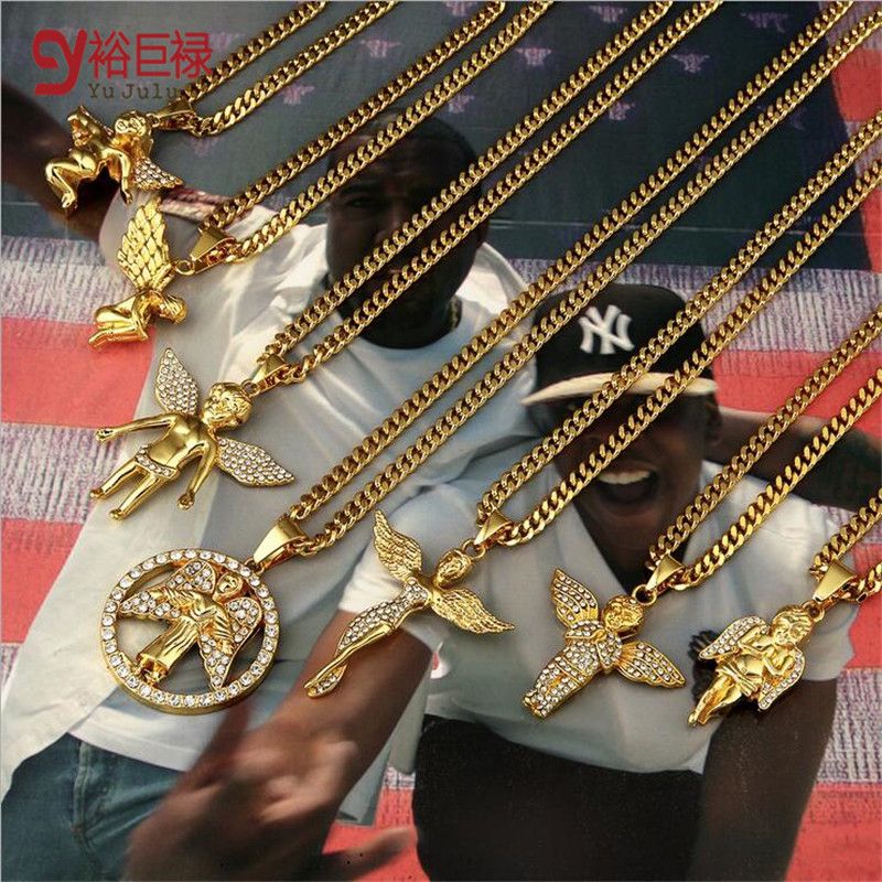 Wholesale 70cm Hiphop Gold Chains For Men 24k Gold Angel Chain Men Necklace Gold Angel Pendant ...