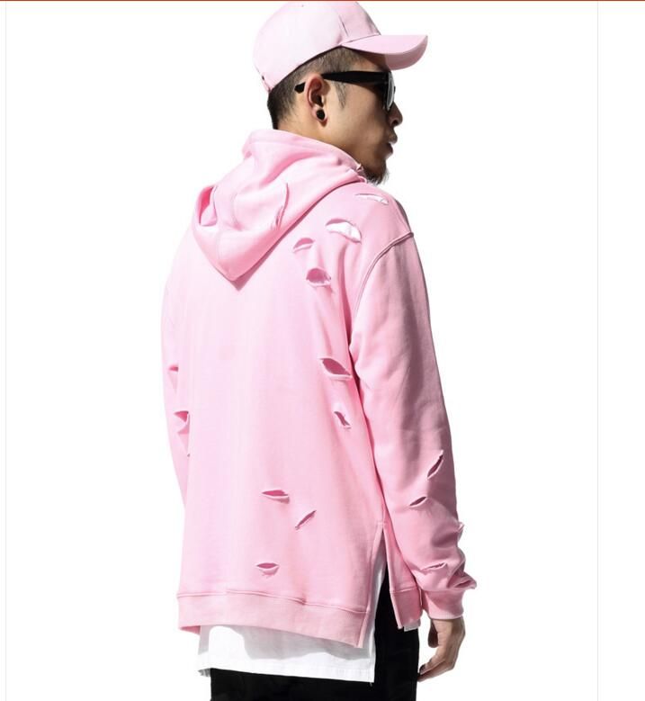 Online Cheap Kanye West Clothing Men Hooded Hoodies Destroyed Pink Side