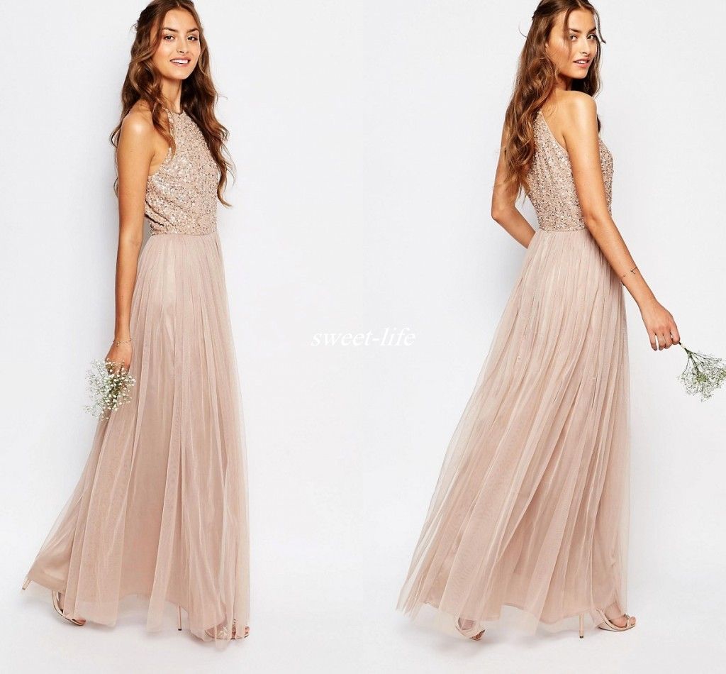 New Champagne Tulle Long Bridesmaid Dresses Sparkly Sequin Halter Neck