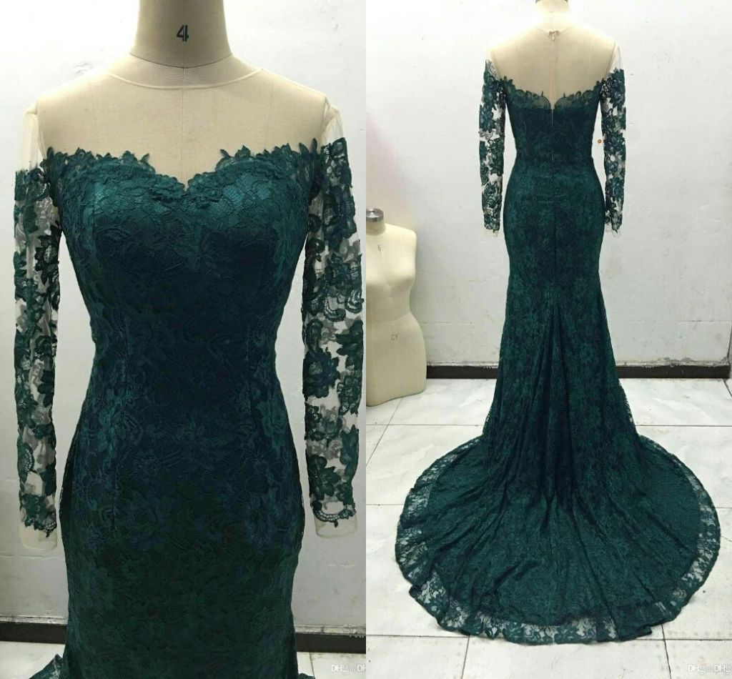 Dark Green Mermaid Long Sleeve Prom Dresses 2016 Real Picture Off
