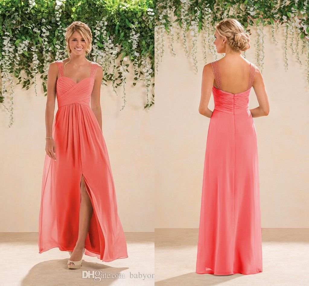 2017 Coral Country Bridesmaids Dresses Long A Line Chiffon Spaghetti