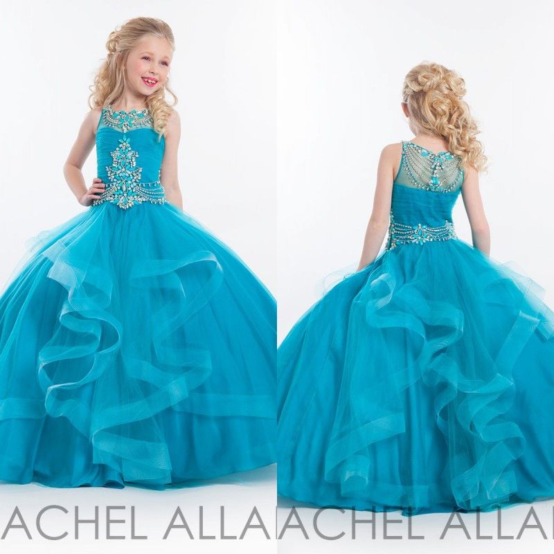 2016 Girls Floor Length Pageant Dresses Ball Gown Turquoise Ruffles
