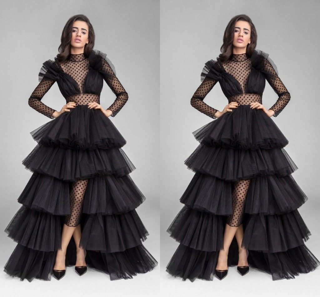 New Design Black Illusion Long Sleeve Evening Dresses Ruffle Tulle High Low Sheer High Neck ...