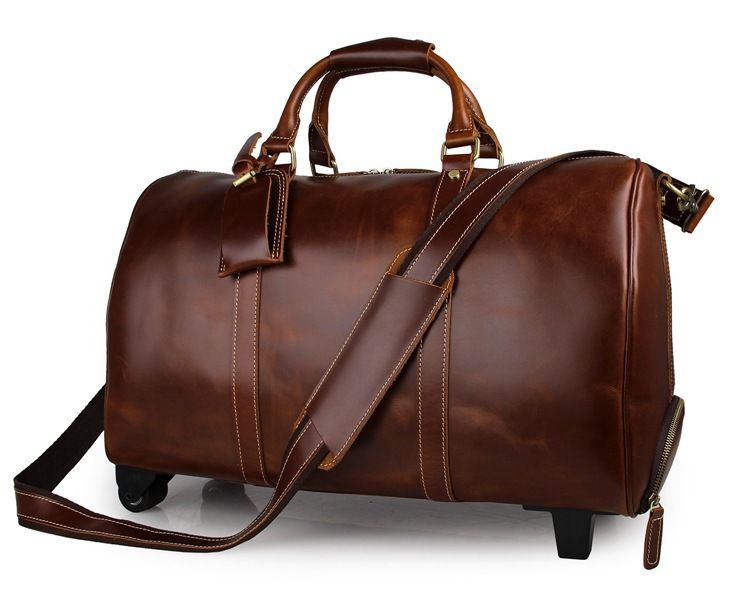 High Quality Men Large Genuine Leather Overnight Rolling Weekend Travel Duffle Boarding Bag ...