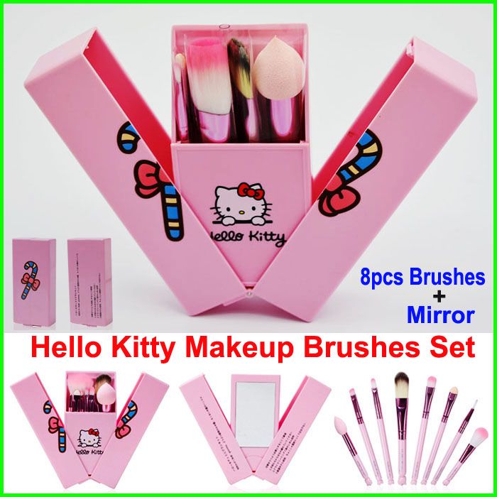 Hello Kitty Makeup Brushes Set + Mirror Case Eyeshadow Blush Brush Kit
