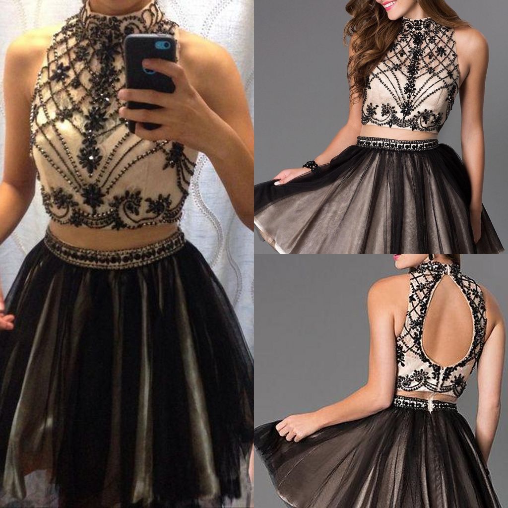 2016 Two Pieces Dresses Black Sexy High Neck Crystal Beaded