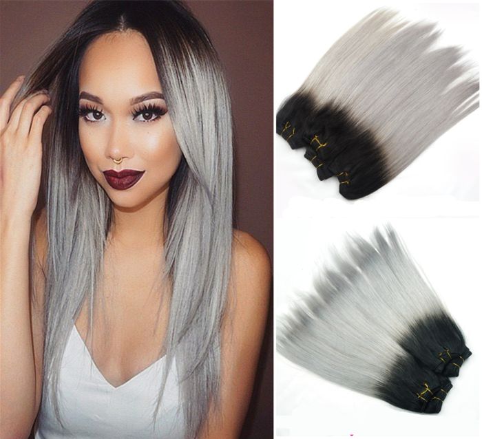 400g Ombre Grey Human Hair Extensions Straight Two Tone T1b/Grey Silver