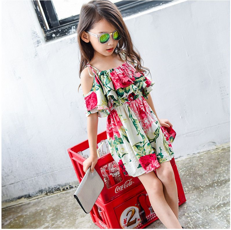 2017 Wholesale Kids Clothing Summer Hot Sale Fashion Printed Braces Off Shoulder Dress For Girls ...