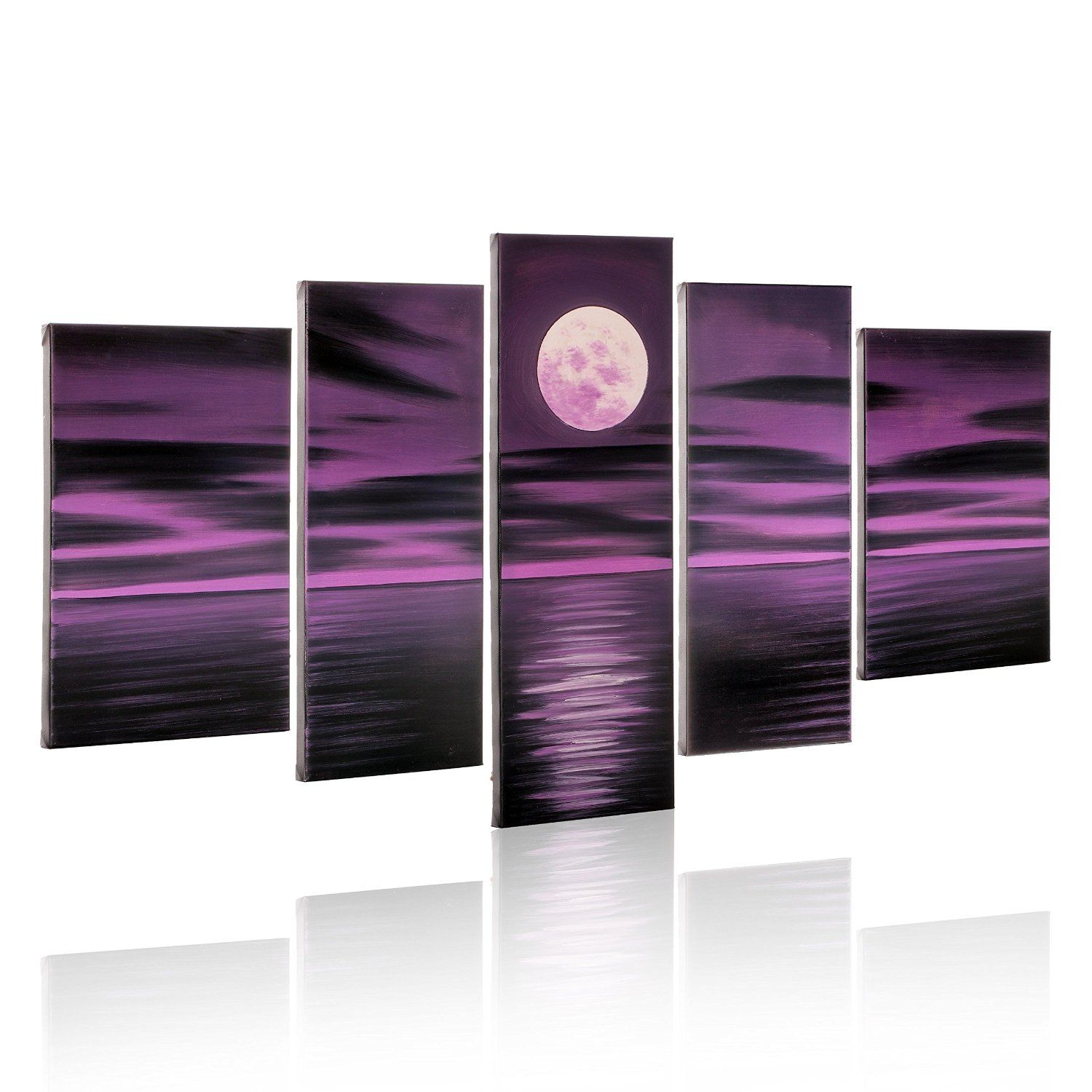 Purple Canvas Wall Art hand paint seascape painting 5 panel bright full moon purple Purple Canvas Wall Art hand paint seascape painting 5 panel bright full moon purple