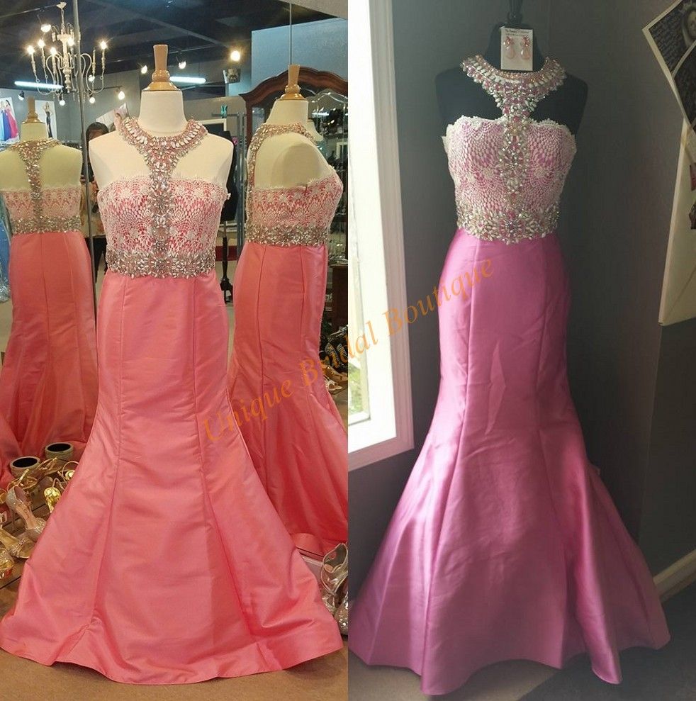 2016 Prom Dresses Pink With Beaded High Neck And Crystals Sash Real