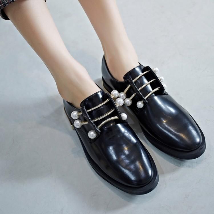 Fashionville* B049 34 Black Genuine Leather Pearl Rhinestone Shoes