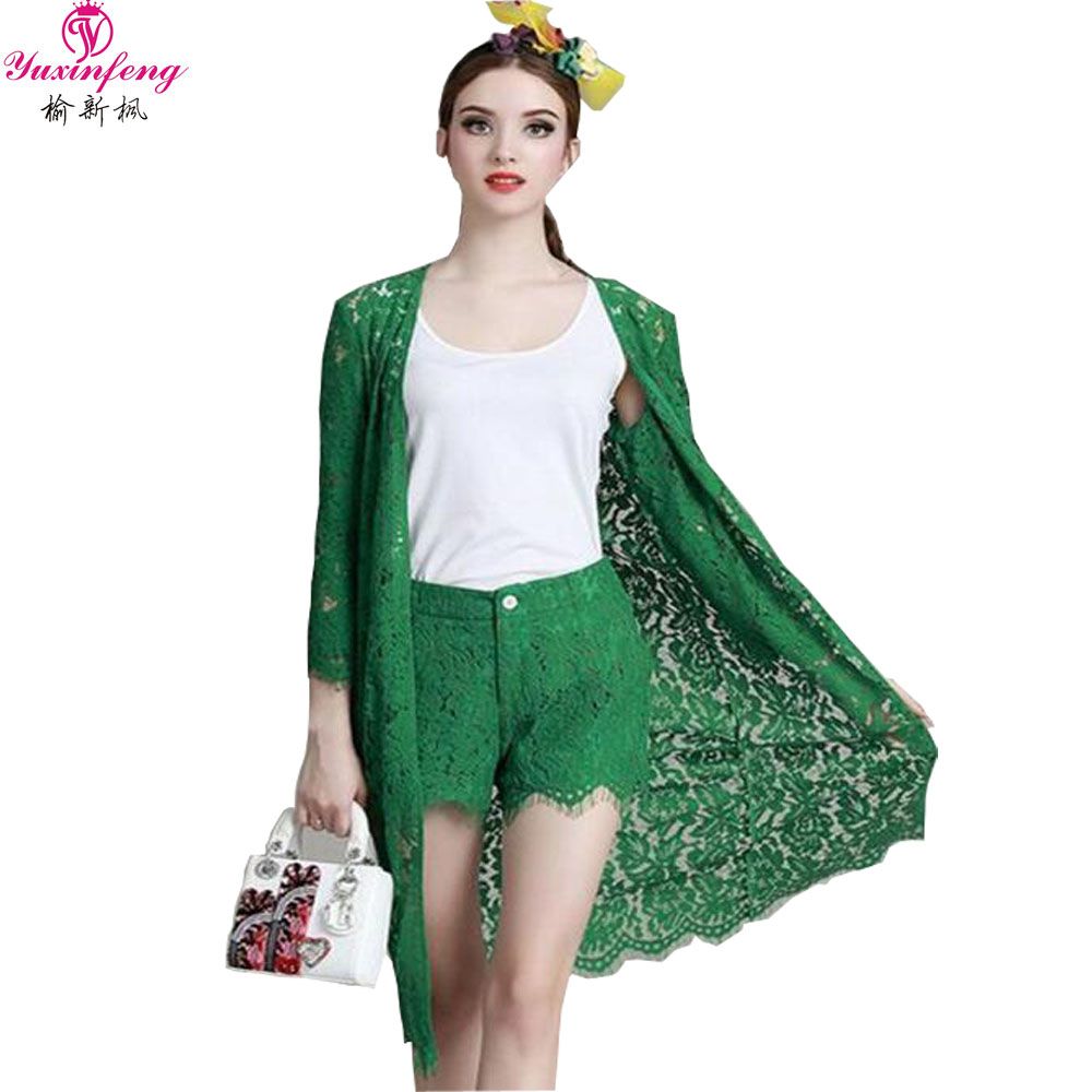 2017 Wholesale 2016 Designer Clothing Sets Women&#39;S Long Sleeve Lace Cardigan Coat+Tops+Shorts ...