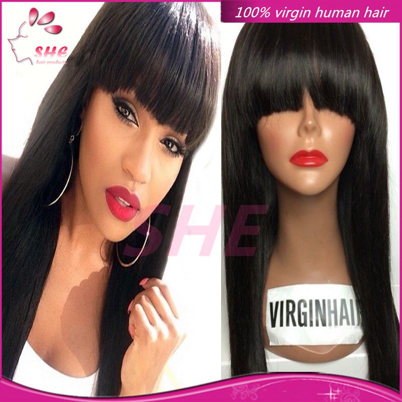 Cheap Human Hair Wigs with Bangs Brazilian Virgin Hair Lace Front Wig