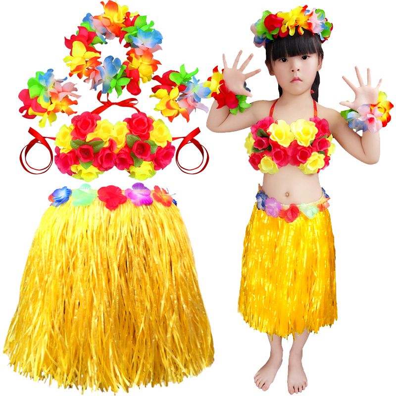 2017 Kids Hawaiian Grass Skirt Costumes Flower Girls Hula Lei Sets