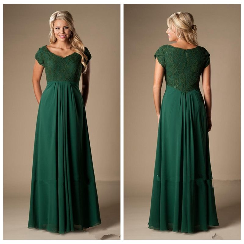 2017 V Neck Lace Short Sleeves Chiffon Hunter Green Mother Dresses