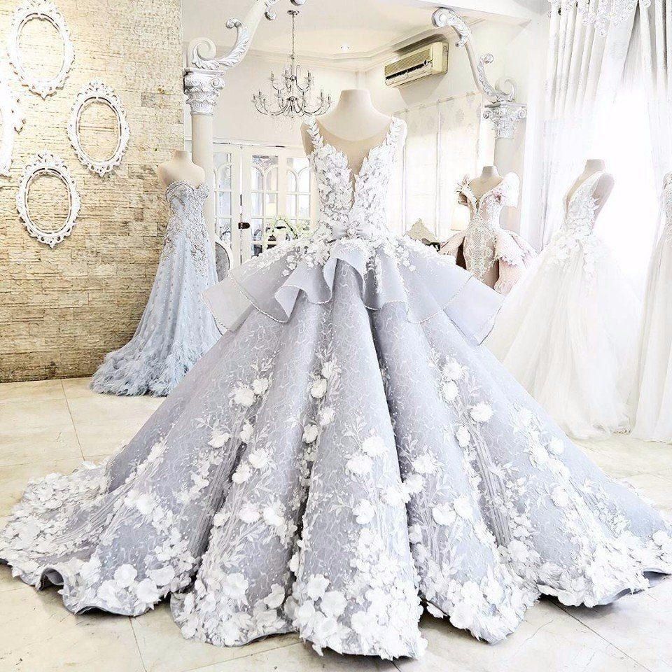 So Beautiful Puffy Ball Gown 3 D Flowers Wedding Dresses Sheer Neck