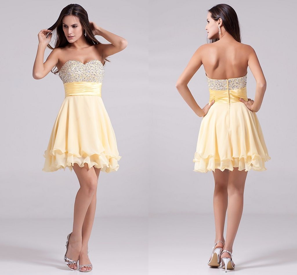 Short Yellow A Line Beaded Chiffon Juniors Dresses Sweetheart Sparkly Teen Short Prom