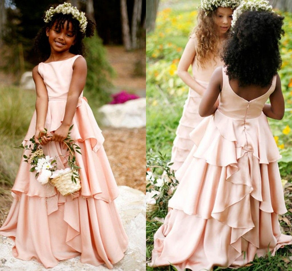 2016 New Cheap Pink Flower Girls Dresses For Wedding Jewel Neck Satin