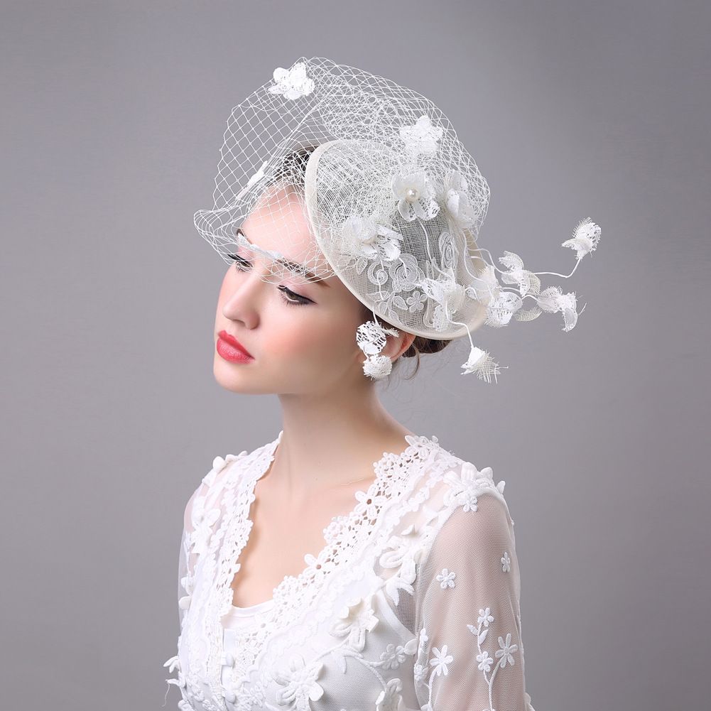2017 New Luxury Bridal Hat Fascinator Handmade Gauze Lace Flower Pearls