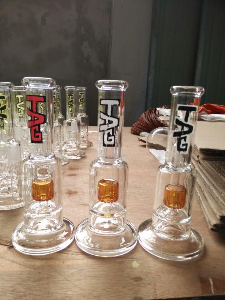 Glass Percolator Water Pipes Tag 9 Inch Durable Hookahs Two Functions Recycler Bongs Oil Rigs