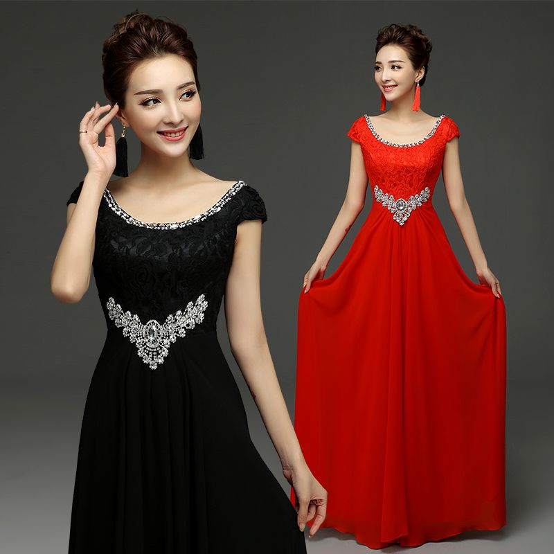 Scoop Neck Lace Chiffon Evening Dress With Crystal 2016 Floor Length