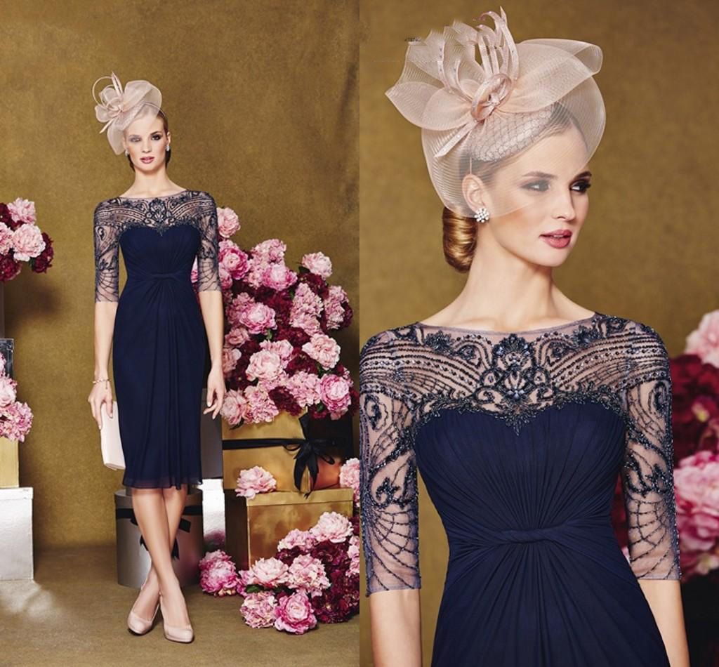 2016 Designer Navy Blue Short Mother Of Bride Dresses Sheer Bateau