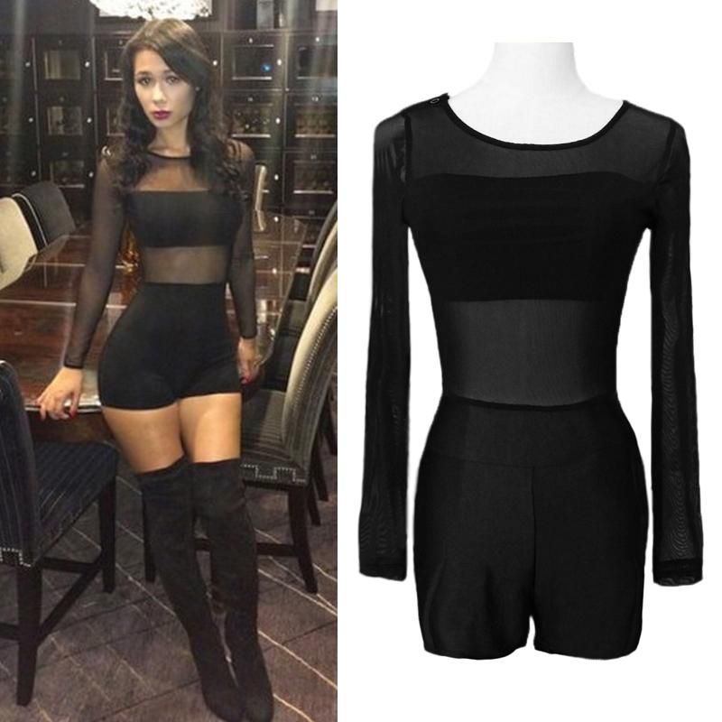 New Sexy Black Jumpsuit Mesh Lace O Neck Long Sleeve Bodycon Short ...