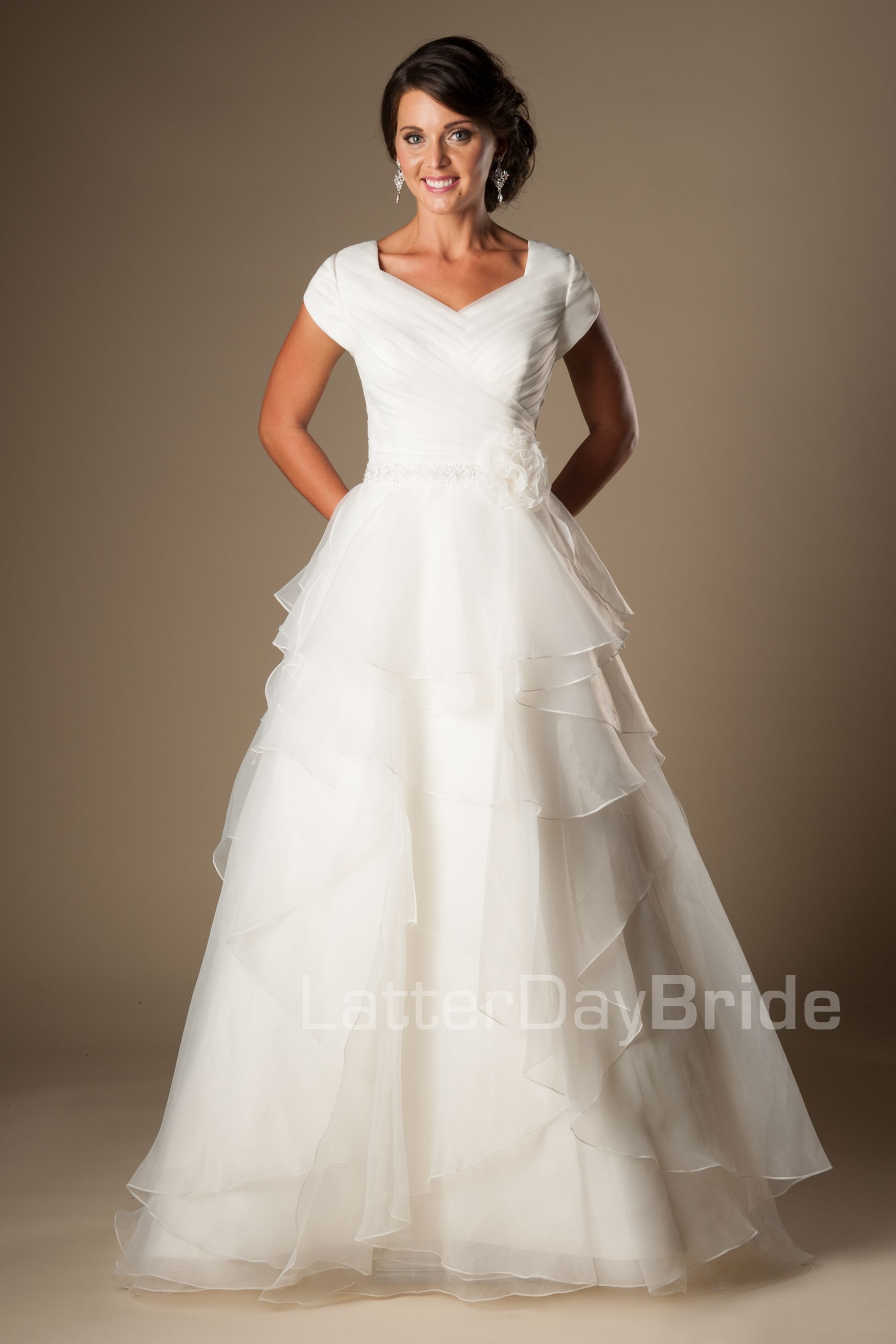Simple Ivory Organza Modest Wedding Dresses With Cap Sleeves Aline