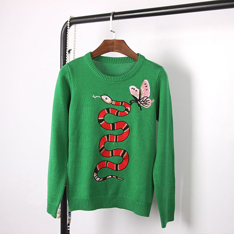 2017 2016 Green Snake Butterfly Embroidery Autumn Women'S Sweaters High
