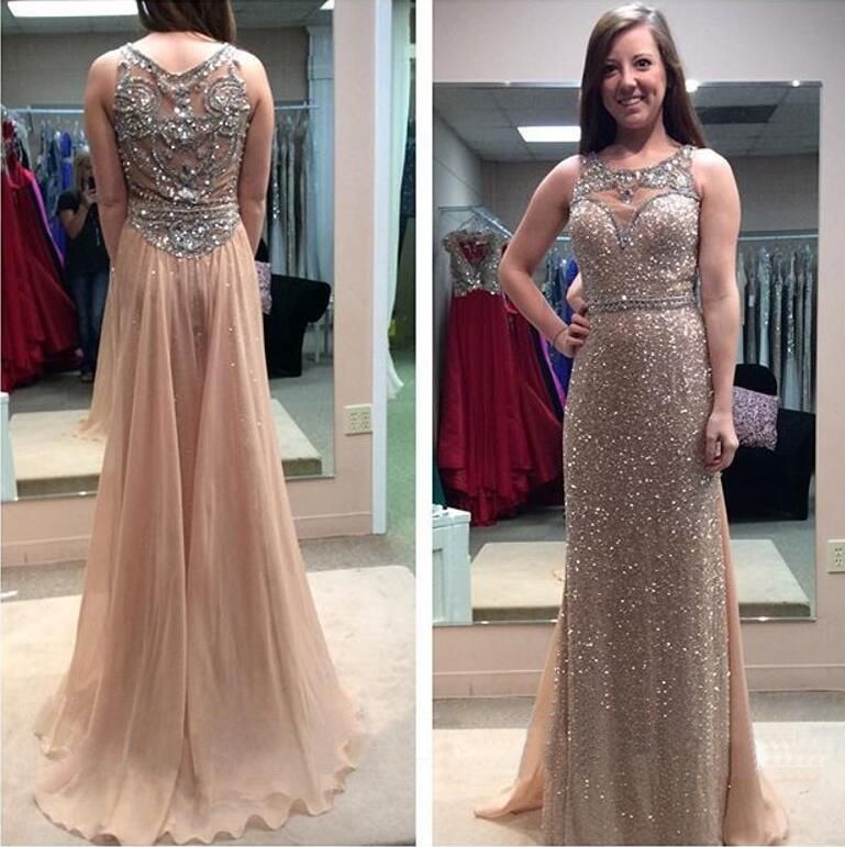 Sparkly Rose Gold Sequins Long Prom Dresses Jewel Neck Sheer Illusion