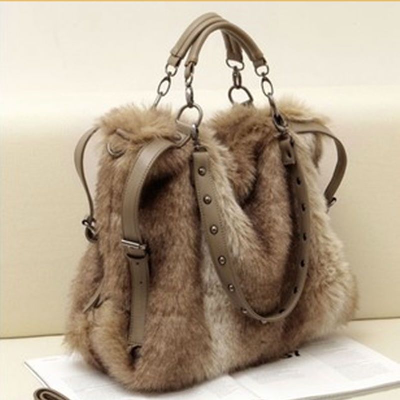 2016 Women'S Leather Handbag Fashion Faux Rabbit Fur Totes Stud Bags
