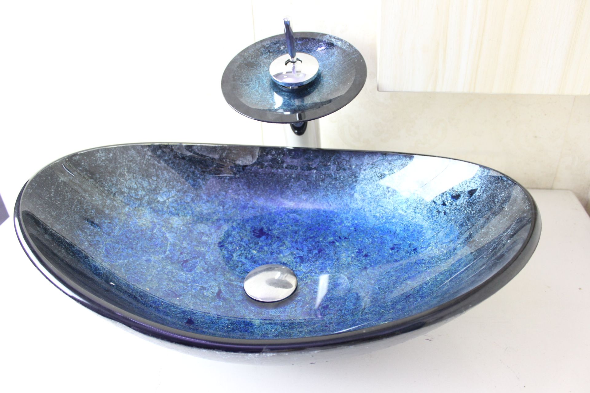 Deep purple round Tempered glass Vessel sink with Waterfall faucet Set ...