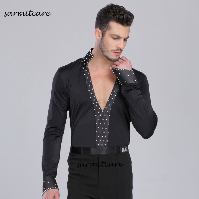 2018 D085 Male Deep V Neck With Rhinestones Latin Dance Shirt For Men