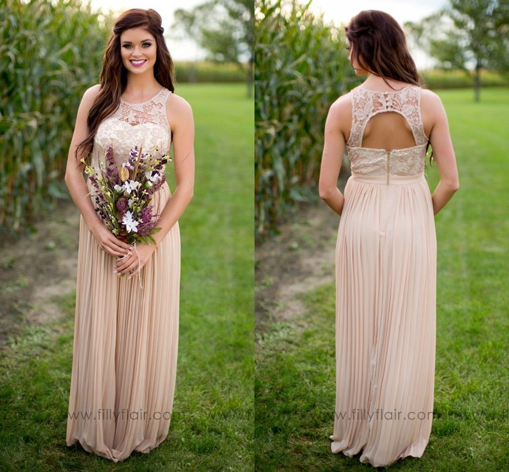 Bridesmaid Dresses Cheap Lavender Purple Sheer Scoop Lace Long Chiffon