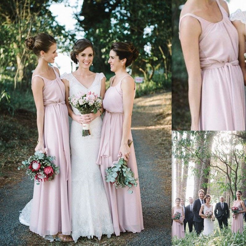 Light Blush Bridesmaid Dresses Long Chiffon Simple Style Scoop Neck