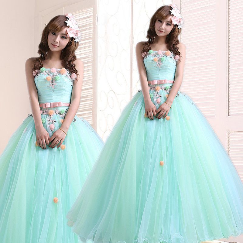 Light Green Quinceanera Dresses 2016 New Sweet Lace Flower Strapless