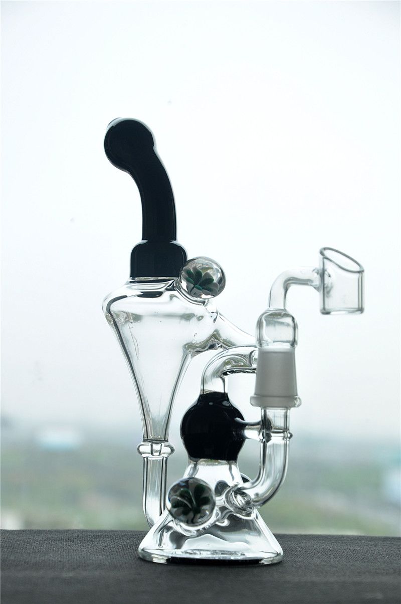 2018 Glass Bong With Glass Banger Black Double Recycle Bubbler Water