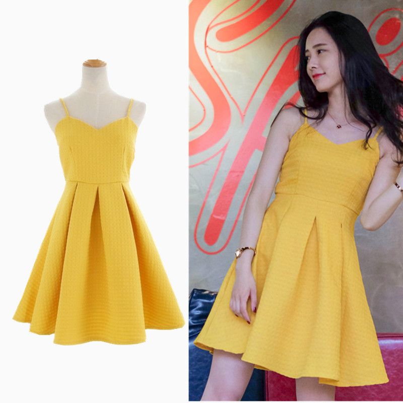 Summer Korean Style Women Sexy Yellow Spaghetti Strap Cotton Elegant