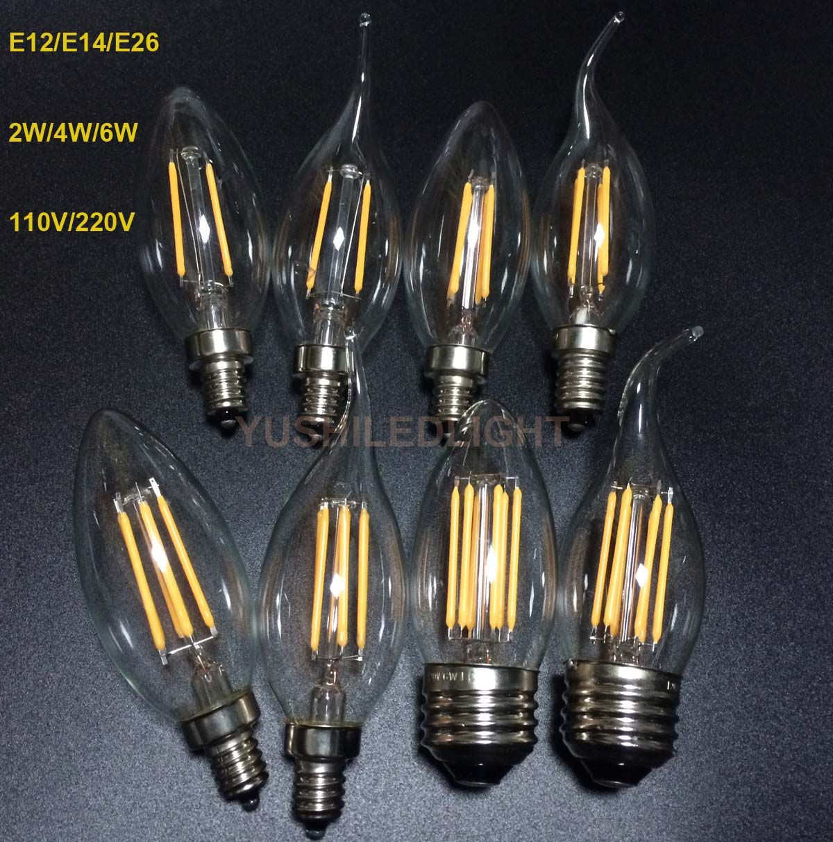 E12 E14 E26 Base Dimmable 2/4/6w Led Filament Candelabra Bulbs 110lm/W